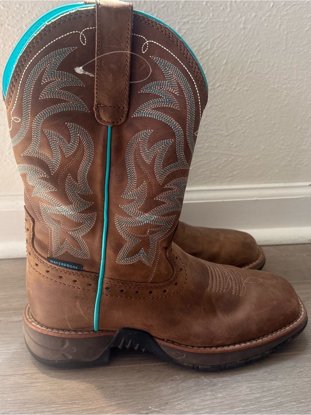 Rank 45 waterproof Brown Leather Western Ankle Boots with Teal Trim